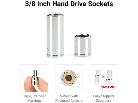 3/8 Inch Drive 6-Point Socket Set With Rails And Tray, 44-Piece Metric Shallow And Deep Sockets 6 To 24 Mm, Ratchet Included