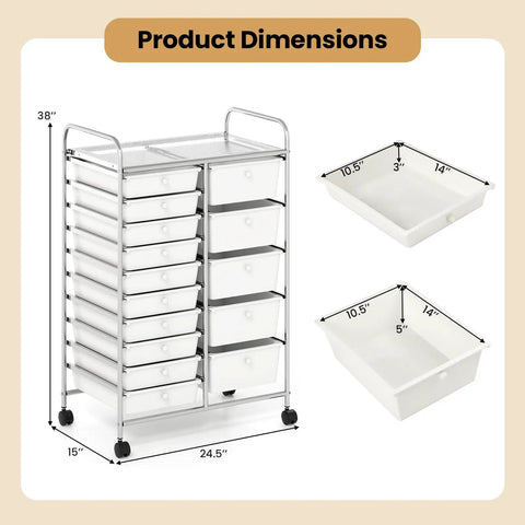 Grab-And-Go 15-Drawer Rolling Utility Cart With Lockable Wheels, metal frame, showing dimensions and removable drawers details