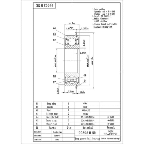 Technical drawing of Sealed Ball Bearing With Snap Ring Heavy Duty Five Eighths Inch By One And Three Eighths Inch Replacement