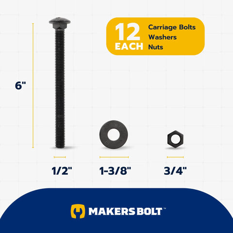 Half Inch Carriage Bolt Kit With 12 Bolts 12 Washers And 12 Nuts Ceramic Black Ruspert Coated for Exterior Use displayed
