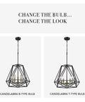Comparison of Juliet 1-Light Industrial Chandelier In Matte Black with B-type and T-type bulb options, showcasing cage design.