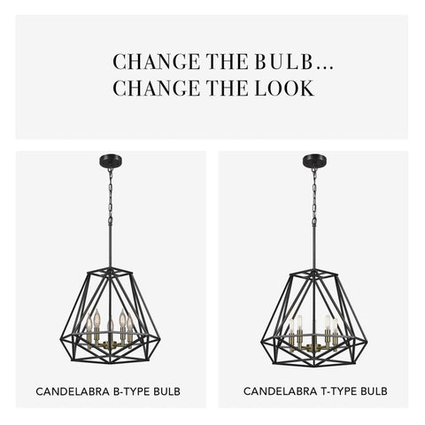 Dark Bronze Cage Chandelier With Antique Brass Center, Adjustable Hanging Cord And Chain showcasing bulb style variations.