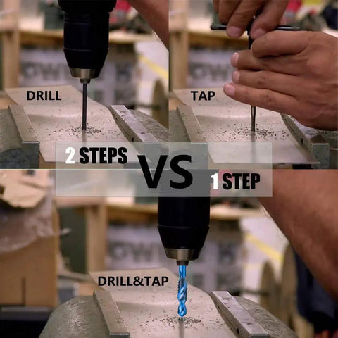 Comparison of two-step drilling and tapping versus using a 6 Piece Drill And Tap Bit Set With Nano Blue Coating For Quick Drilling Tapping Deburring And Countersinking In Metric Sizes M3 M4 M5 M6 M8 M10 With Hex Shank High Speed Steel Tough As Nails Finish For Metal Wood And Plastic.