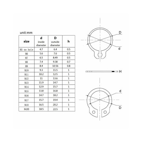 Technical diagram of Massive 500 Piece Retaining Ring Kit 5 To 20 Mm 304 Stainless Steel External C Type Circlips.