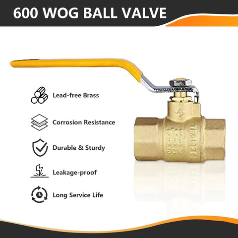 Two Pack Three Quarter Inch FIP Threaded Ball Valve Set With Brass Full Port Shut Off, Three Quarter Inch Female NPT Connections, Yellow Handle Easy Install, 600 WOG Water Oil And Gas.