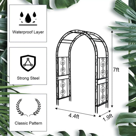 Diagram of a Sturdy Black Metal Garden Arbor Trellis For Climbing Plants And Flowers, 7 ft high outdoor wedding arch.