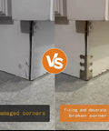 Comparison of damaged and repaired corner using Heavy Duty Solid Brass Baseboard Corner Protectors vintage metal edge guard.