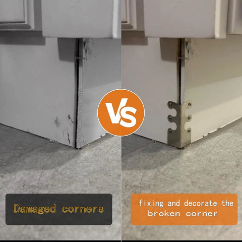 Comparison of damaged and repaired corner using Heavy Duty Solid Brass Baseboard Corner Protectors vintage metal edge guard.