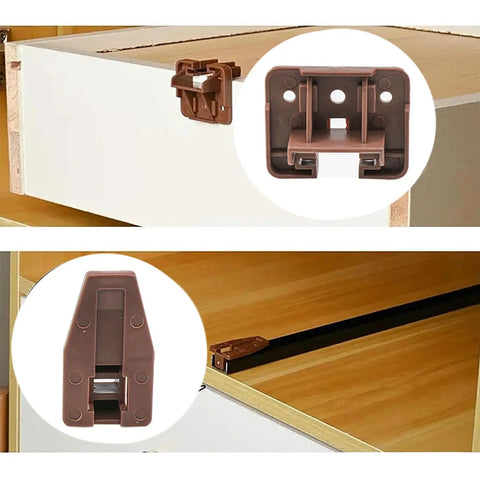 Universal Plastic Drawer Slides With Center Mounted Rails And Smooth Gliding Wheels For Hella Sturdy Dresser Bedside Cabinet Replacement Hardware Package Set Of Six, brown plastic clips shown.