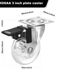 Front view of a 3-inch swivel plate caster with locking brake and clear polyurethane wheel.