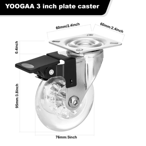 Front view of a 3-inch swivel plate caster with locking brake and clear polyurethane wheel.