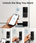 C210 Keyless Entry Smart Lock With Built In WiFi Deadbolt No Bridge Required No Brainer Easy Install Touchscreen Keypad App Remote Control Works On AA Batteries Included displayed with app control on smartphone.