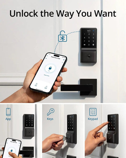 C210 Keyless Entry Smart Lock With Built In WiFi Deadbolt No Bridge Required No Brainer Easy Install Touchscreen Keypad App Remote Control Works On AA Batteries Included displayed with app control on smartphone.