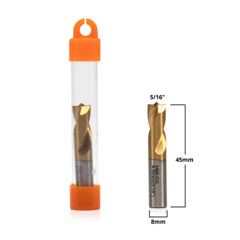 Shop-Ready Spot Weld Drill Bit Set 8mm And Five Sixteenth Inch Pro Grade High Speed Cobalt Steel With Titanium Coating in packaging