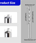 Product size details of 50 Pack Drywall Cutting Bits One Eighth Inch Spiral Saw Tip High Speed Steel, showing diameter and length.