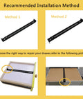 Installation methods for Drawer Repair Kit For Sagging Drawers with sturdy middle mount bracket on wood and particleboard.