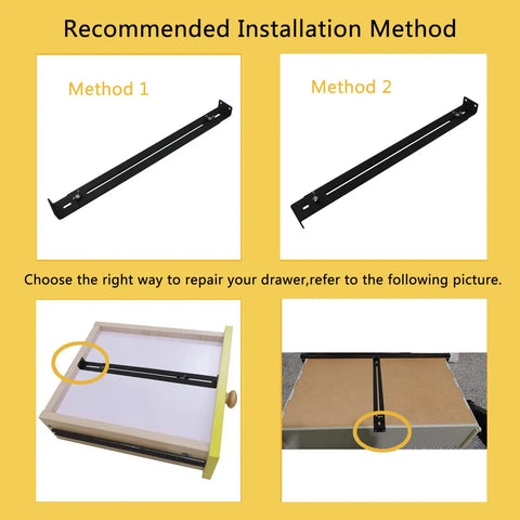 Installation methods for Drawer Repair Kit For Sagging Drawers with sturdy middle mount bracket on wood and particleboard.