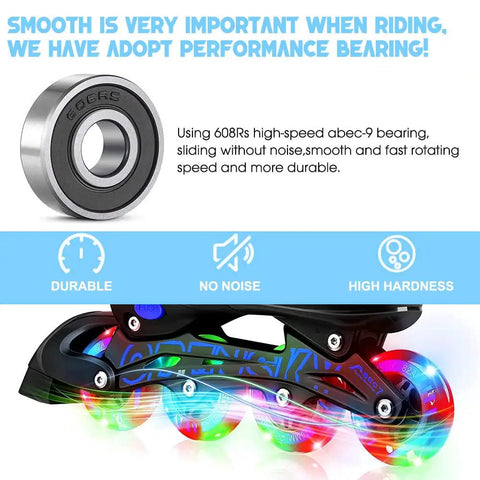 8 Pack Lit Up Inline Skate Wheels 64mm 72mm 76mm 80mm With ABEC 9 Bearings 85A Durometer, glowing wheels on skate frame