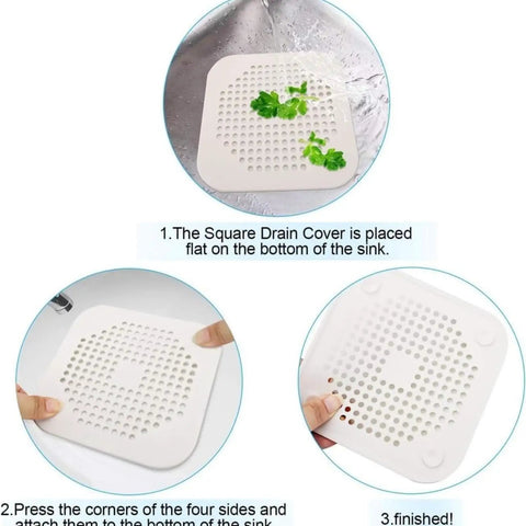 3 Pack 5.5 Inch Silicone Drain Covers With Strong Suction Bases Flat Square Hair Catchers For Showers And Kitchen Sinks Reusable Gray Strainers showing placement in sink.