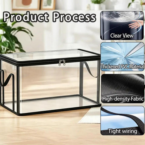 Built Like A Tank Large Clear Plastic Storage Bin With Heavy Duty Foldable Frame, showcasing thickened PVC and zipper features.