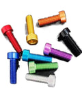 Assorted colorful aluminum DIN912 cap head machine screws with hex socket drive, various sizes for electronics and small machinery.