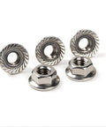 Hardworking M10 X 1.5mm Serrated Hex Flange Lock Nuts In 304 Stainless Steel With Bright Finish, front and top view, 20 piece pack