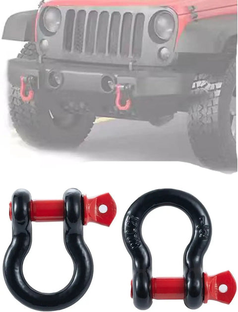 Rock Solid 1/2 Inch D Ring Shackle Built Different With 8 Ton Rated 17700 Pounds Breaking Strength For No Sweat Off Road Recovery Towing On Jeeps And Trucks, displayed on a jeep bumper.
