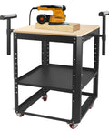 Shop Ready Heavy Duty Rolling Planer Stand With Height Adjustable Platform And Smooth Extension Rollers For 550 Lb Shop Floor Capacity Plus Massive Double Layer Tool Cart Built For Saws And Gear with a sander on a wooden top.