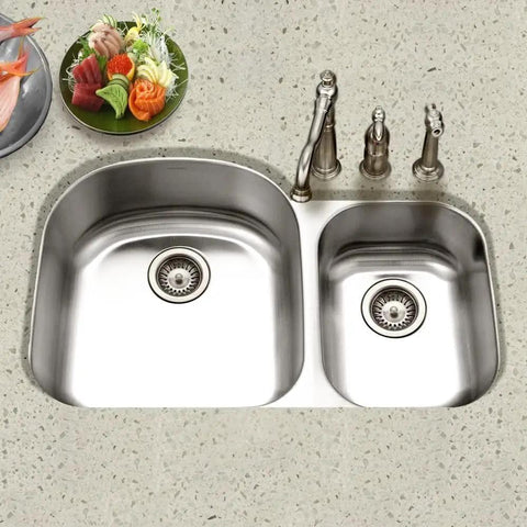 Top view of 32 Inch Stainless Steel Kitchen Sink With 70/30 Double Bowl, Undermount installed in a countertop with brushed finish.