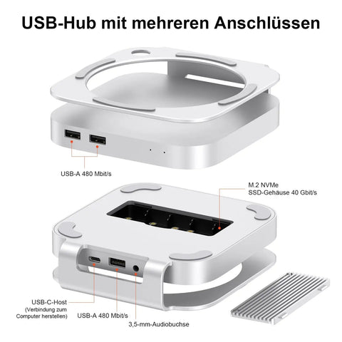 Heavy Hitter Mac Mini M4 Stand Hub Delivering 40Gbps Thunderbolt Expandability With NVMe SSD Enclosure supporting multiple ports.