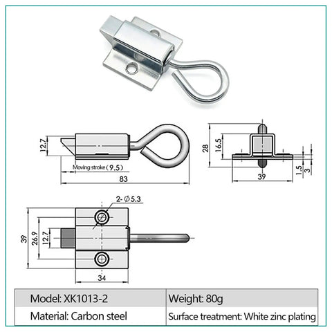Heavy Duty Rock Solid Carbon Steel Gate Latch Featuring Quick Grab Spring Pull Ring And Corrosion Resistant Mounting Hardware For Pro Level Fence And Door Security shown from various angles with dimensions.