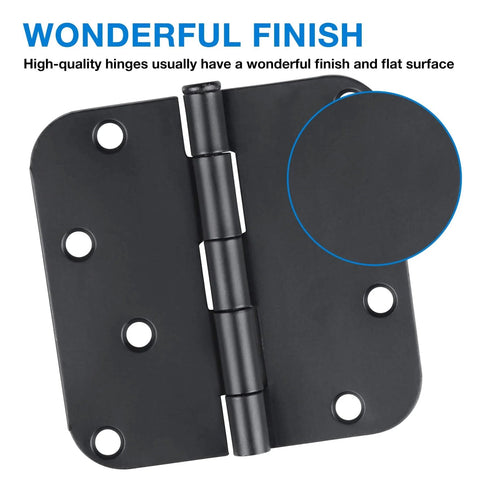 Close-up of 18 Pack 4 Inch Matte Black Door Hinges Rounded Heavy Duty Exterior Interior Hinge with smooth finish and 8 holes