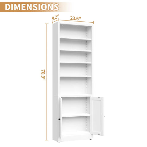 Slick 7 Tier Metal Bookcase 71 Inch White With Doors Industrial Display Shelf Unit With Adjustable Shelves shown with dimensions