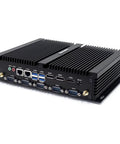 Ready To Rock Tough As Nails Fanless Mini PC Built Strong For Real World Automation Runs Smooth On Win 11 Pro With Intel Core I7 8550U Sixteen Gig Ram Five Hundred Fifty Two Gig Storage Dual RJ45 LAN Triple Displays LPT Port Six RS232 COM Ports WiFi 6 BT, showcasing rear ports and connections.