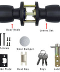 Black Matte Round Ball Door Knob With Lock And Keyed Entry For Interior Or Exterior Doors ANSI Grade 3 All Metal Build parts shown
