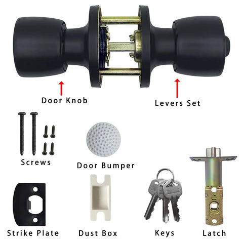Black Matte Round Ball Door Knob With Lock And Keyed Entry For Interior Or Exterior Doors ANSI Grade 3 All Metal Build parts shown