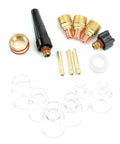 Pro Grade Glass Nozzle Kit For WP9 20 Argon Welding Torch showing 6 glass nozzles, brass accessories, clamps, silicone seal