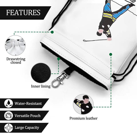 Valuables Golf Pouch With Drawstrings Made From PU Leather, 6 By 7 Inch Tee Accessory Organizer For Men features and details