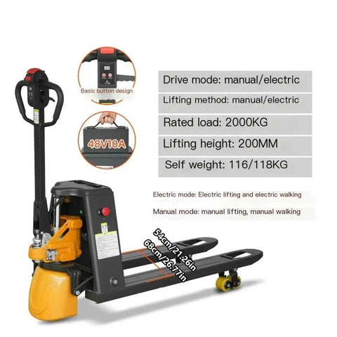 Rock Hard 4400 Lb Capacity Electric Pallet Jack With Fast Lithium Battery Walkie Truck controls view with lifting details.