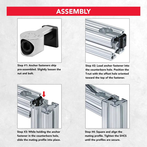 Assembly instructions showing Heavy Hit 5 16 18 Snap Lock T Nut Anchor Fastener with cam and socket head bolt for aluminum extrusion.