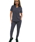 Womens High Waisted Slim Fit Jogger Scrubs For Nurses And Doctors Featuring Snatched Waist Silhouette And Dope Performance Fabric To Flex Your Healthcare Hustle While Running The Grind Daily in gray, front view.