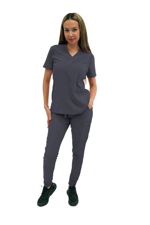 Womens High Waisted Slim Fit Jogger Scrubs For Nurses And Doctors Featuring Snatched Waist Silhouette And Dope Performance Fabric To Flex Your Healthcare Hustle While Running The Grind Daily in gray, front view.