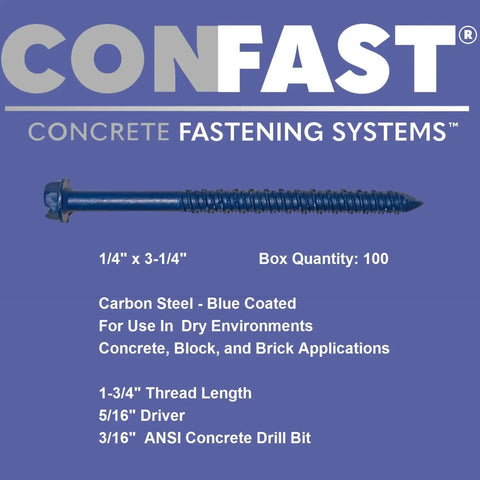 Self-Tapping Concrete Screw Anchor With Drill Bit Included, 1/4 Inch By 3-1/4 Inch Hex Head Fastener shown with blue coating.