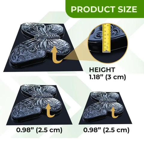 Butterfly Stepping Stone Molds Set Of 3 For DIY Concrete Path Pavers, showing three mold sizes with 1.18 inch and 0.98 inch height details.