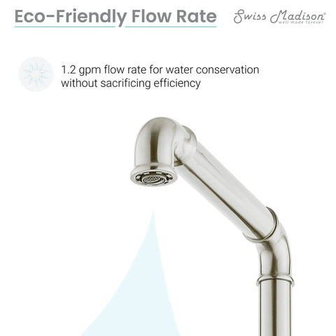 Avallon 8-Inch Widespread Bathroom Faucet close-up of spout in brushed nickel, highlighting 1.2 GPM flow rate