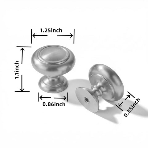 10 Pack Brushed Satin Nickel Cabinet Knobs Beefy Heavy Duty Bifold Closet Door Hardware dimensions 1.25in diameter, 1.1in projection.