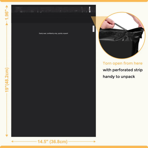 Black 14.5x19 Inch Poly Mailers, 50 Pack, showing self-adhesive seal and tear strip for easy open and seal