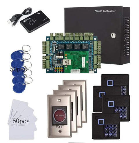 Four Door Security Access System With RFID Card Fob Keypad Reader Infrared Exit Button USB Enroll Reader TCP IP Based Smart Phone App