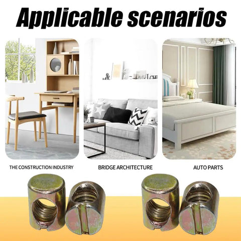 Heavy Duty M8 Barrel Nuts For Furniture Build Offering Lockdown Grip With Slotted Fastening Design And Rustproof Iron Construction for various uses.