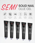 Five tubes of Semi Solid Nail Glue Gel 2g for Press On Nails, Quick Dry in 15 Seconds, No UV Light Needed, with product features.